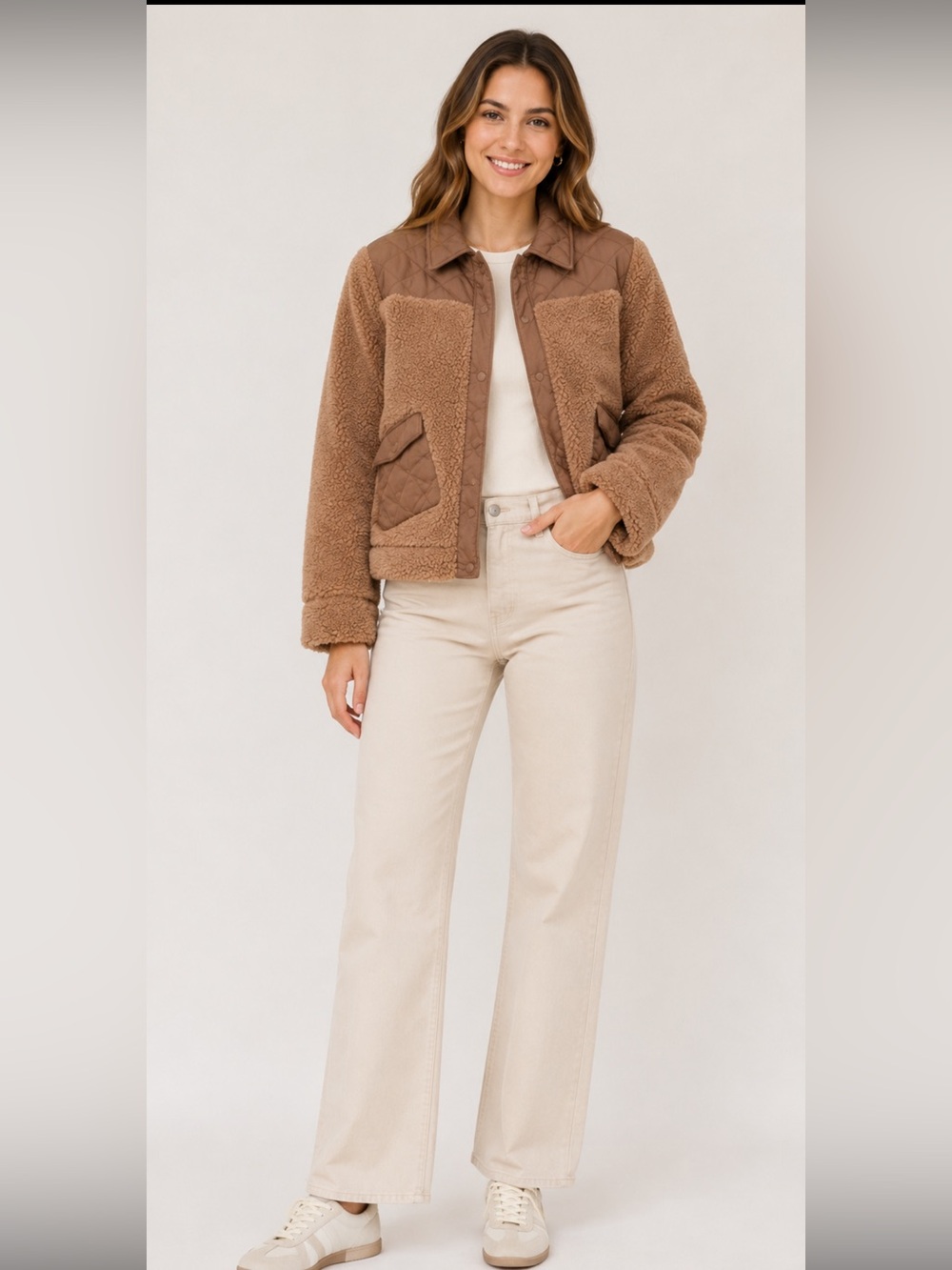 532 Tahari Quilted Teddy Faux Fur Jacket Tan Brown Small